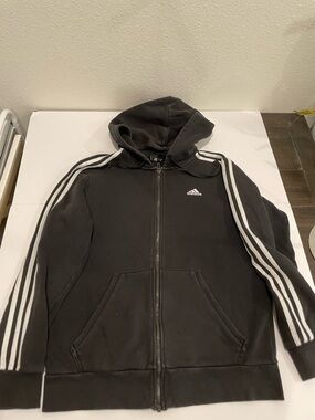 adidas men’s Black Hoodie with White Signature Stripes medium